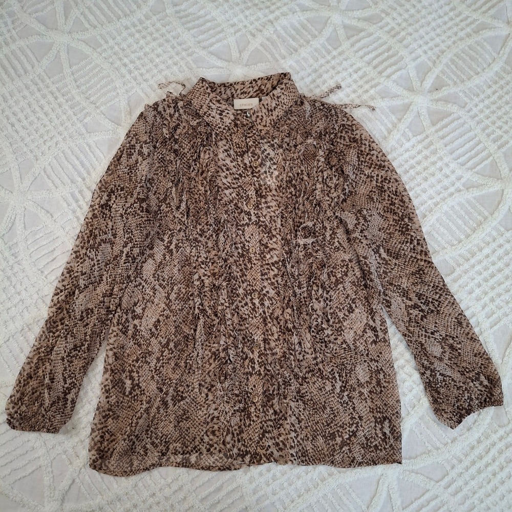 Chicos‎ Medium Long Sleeve Snakeskin Pattern Blouse Top Fringe Sheer Button Up